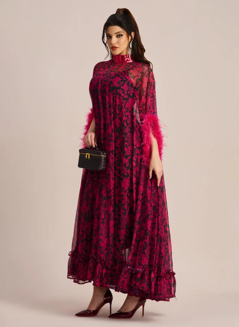 Sunfere Dana Sequins Feather Printed Maxi Dress